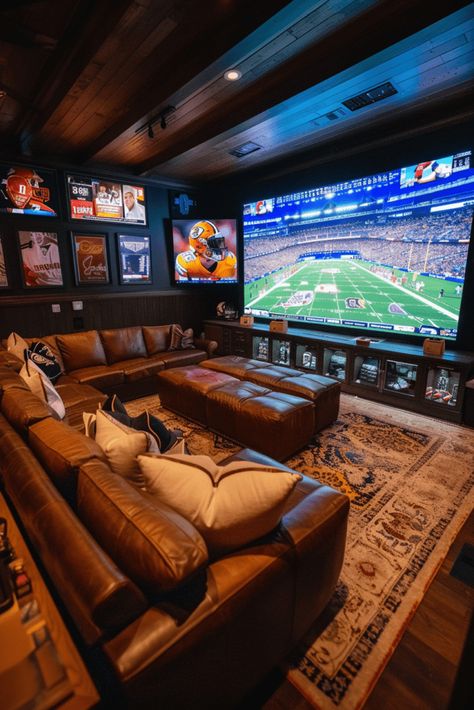 moody man cave for the football lover Dark Basement Tv Room, Great House Ideas, Man Basement Ideas, Sports Bar Home Man Cave, Upstairs Lounge Room Ideas, Moody Mid Century Modern Basement, Basement Roof Idea, Small Basement Sports Bar Ideas, Mancave Shop Ideas