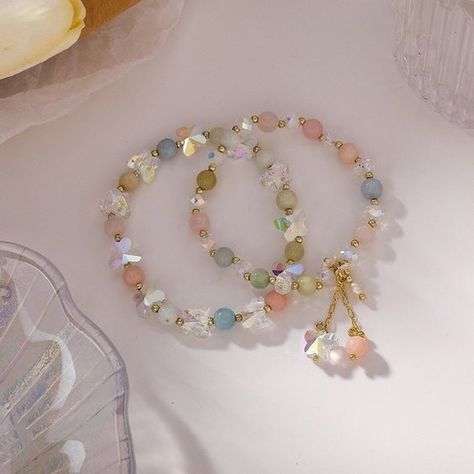 Gyaru Jewelry, Pastel Beads, Crystal Butterfly, Beads Bracelet Design, Butterfly Bracelet, Kawaii Aesthetic, Bracelet Design, Bead Charm Bracelet, Crystal Charm