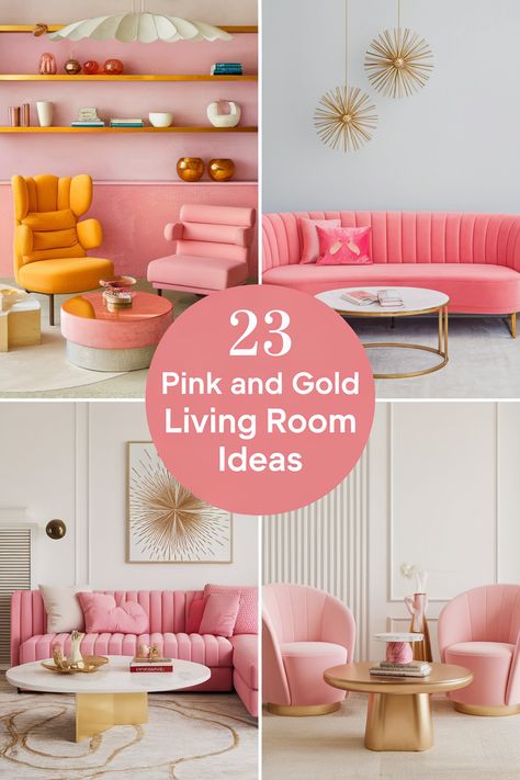 Pink and gold living room decor blends soft elegance with glamorous accents. Discover blush pink sofas, gold coffee tables, and metallic throw pillows. Explore pink accent walls, gold-framed artwork, and rose gold lighting fixtures. Find inspiration for pink and gold area rugs, velvet curtains, and gilded decorative objects. Create a chic and inviting living space that balances femininity with luxury. Living Room With Pink Couch, Blush And Gold Living Room, Pink Sitting Room Ideas, Pink Chairs Living Room, Pink Living Room Aesthetic, Pink And Gold Living Room, Pink Gold Living Room, Rose Gold Lighting, Gold Living Rooms