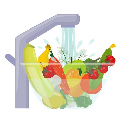 Vector wash fruits and vegetables before... | Premium Vector #Freepik #vector #wash-vegetables #carrot-icon #tomato-icon #broccoli Hogwarts Letter Template, Wash Fruits And Vegetables, Seasons Worksheets, Vegetable Drawing, Kids Feelings, Hogwarts Letter, How To Wash Vegetables, Water Food, Eating Food