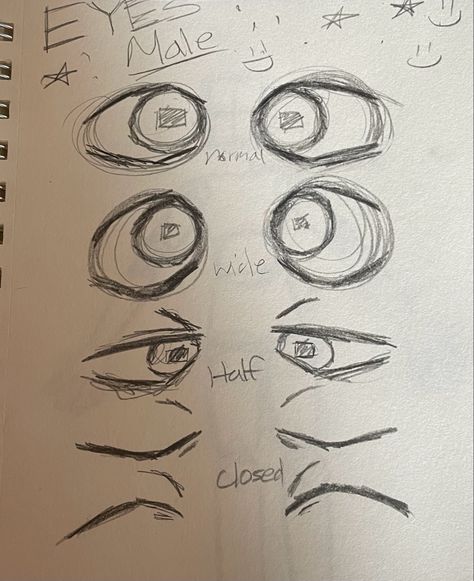 Basically how I draw the eyes for male/more masc characters Eyes Drawing Cartoon Male, Male Cartoon Eyes Reference, Eyes Drawing Different Styles, Different Types Of Head Shapes, Drawing Reference Eyes Male, Eyes Drawing Masc, How To Draw Fluffy Hair Male, Eyes Male Drawing Reference, How To Draw Scared Eyes