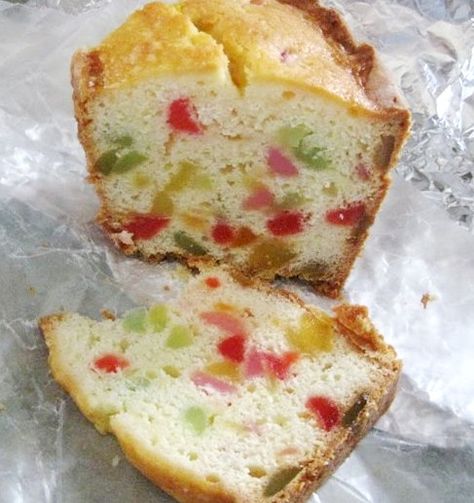 Petticoats & Pistols - Gumdrop Bread - just like Grandma made.  1/2 cup Margarine; 1 cup white sugar; 2 eggs; 1 tsp vanilla; 1/2 tsp salt; 1 tsp baking powder; 2 cups flour; 1 cup milk; 1 cup gum drops (no black) chopped, or baking gums (not spice). Gum Drop Cake, Fruit Loaf, Drop Cake, Fruit Bread, Shortbread Recipes, Loaf Recipes, Green Food Coloring, Mixed Fruit, Quick Bread