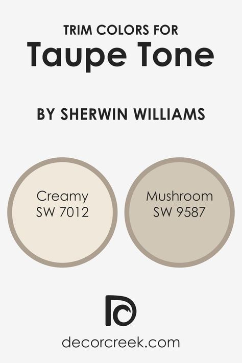 What are the Trim colors of Taupe Tone SW 7633 by Sherwin Williams? Paint Color Mushroom, Sw Mushroom Paint Color, Sherwin Williams Mushroom Paint Color, Sw Mushroom, Taupe Trim White Walls, Interior Door Paint Colors, Taupe Color Schemes, Sherwin Williams Creamy, Sherwin Williams Coordinating Colors