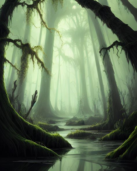 Swamp Fantasy Landscape, Dark Swamp Fantasy Art, Fantasy Swamp Art, Swamp Aesthetic Dark, Horror Jungle, Swamp Concept Art, Jungle Aquascape, Drawn Scenery, Fantasy Swamp