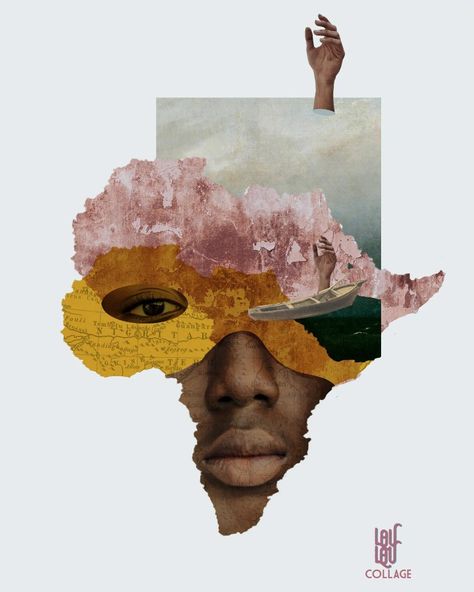 Africa Collage Art, Cultural Appropriation Art, Africa Collage, Pencil Sketches Landscape, African Portraits Art, Map Collage, Surrealist Collage, Appropriation Art, Afrofuturism Art