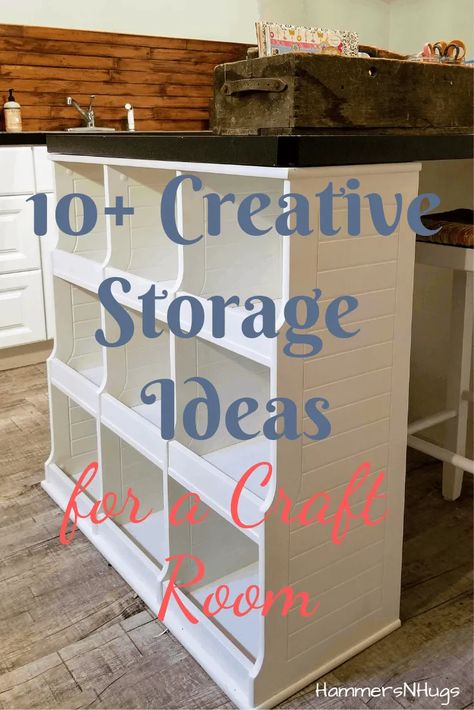 Find creative craft room storage ideas from our farmhouse-styled basement craft room including a great idea to repurpose a changing table.  Tap on this pin to get these tips and more with Ahna Fulmer // ahnafulmer.com Under Table Storage Ideas, Craft Closet Ideas, Basement Craft Room, Craft Room Storage Ideas, French Country Crafts, Craft Room Organization Ideas, Creative Storage Ideas, Basement Craft Rooms, Countertop Transformations