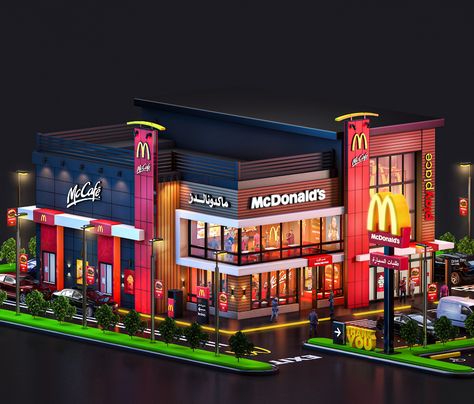 3d McDonalds on Behance Mc Donalds Exterior, Mcdonalds Layout, Restaurant Concept Art, Bloxburg Towns, Minecraft Stores, Form Concept, Room Arrangement Ideas, Commercial Building Plans, Restaurant Exterior Design