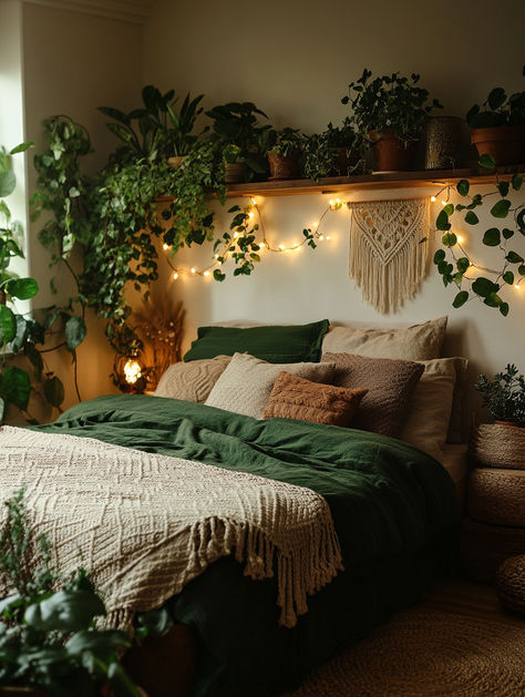 Transform your bedroom into a cozy haven with soft blankets, lush greenery, and warm fairy lights. This natural, boho-inspired design creates the perfect restful retreat. Time to refresh your home vibes with simple, calming touches! 🪴✨ #BedroomRefresh #CozyVibes #HomeDecor Nature Based Bedroom Ideas, Bedroom With Tapestry Ideas, Small Cozy Boho Bedroom, Earthy Bedroom Aesthetic Bohemian, Bedroom Earthy Aesthetic, Cozy Lights Bedroom, Terracota Bedroom Ideas Color Schemes, Simple Apartment Bedroom, Warm Green Bedroom