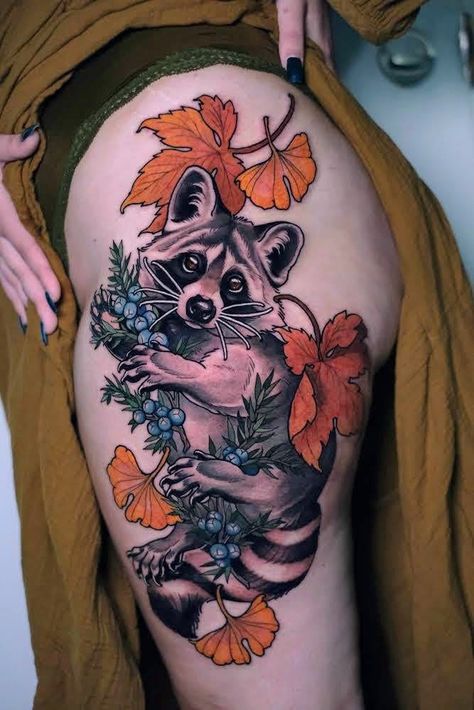 Nocturnal Animals Tattoo, Neo Traditional Raccoon Tattoo, Neotrad Animal Tattoo, Traditional Forest Tattoo, Bear Leg Tattoo, Traditional Raccoon Tattoo, Newt Tattoo, Raccoon Tattoo Design, Neo Traditional Animal Tattoo