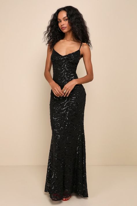 Captivate the crowd with the way you move in the Lulus Mesmerizing Demeanor Black Sequin Backless Mermaid Maxi Dress! Sparkling black sequins create an intricate, wavy design across stretchy mesh knit as it falls from adjustable spaghetti straps into a flattering V-neckline and a fitted bodice. The figure-skimming silhouette continues into a mermaid maxi skirt that features an elegant train at back. The deep V-back creates a sultry final finish! Hidden back zipper/clasp. Fit: This garment fits true to size. Length: Floor length. Size medium measures 51.75" from adjustable straps to hem. Bust: Great for any cup size. Waist: Fitted - very fitted at natural waist. Hip: Fitted - stretchy fabric allows room for hips. Undergarments: May be worn with an adhesive bra, petals, or no bra. Fabric: Fa Mermaid Maxi Skirt, Mermaid Maxi Dress, Prom Dress Inspo, Wavy Design, Black Prom Dress, Prom Dress Inspiration, Cute Prom Dresses, Black Prom, Pretty Prom Dresses