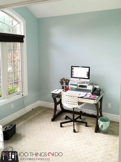 Benjamin Moore Tranquil Blue, Bm Summer Shower Paint, Sweet Dreams Benjamin Moore, Benjamin Moore Summer Showers, Summer Shower Benjamin Moore, Home Office Mood Board, Chelsea Bedroom, Office Mood Board, Home Office Makeover