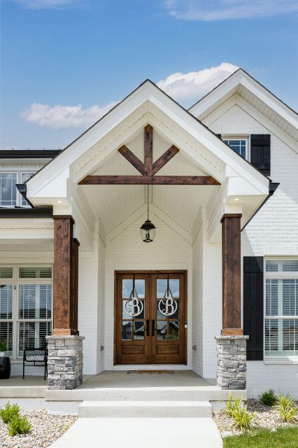 Tall Front Porch Ideas, Front Porch With Wood Beams, Front Gable Porch Entrance, Arched Entryway Exterior, Wood Gables Exterior, Dormers Ideas Exterior, Exterior Arches, Front Entryway Ideas Exterior, Gables On House Exterior