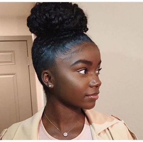 @kkelly00125 || Sleek high bun. Curly bun. Curly hair. Natural hair. Length retention hairstyles. Protective hairstyles. Natural Hair Top Bun, Pin Curl Bun, Bun Hairstyles For Black Women, Natural Hair Bun, Volumizing Hair Products, Hair In Bun, Natural Bun Hairstyles, Beautiful Chocolate, Beautiful Natural Hair