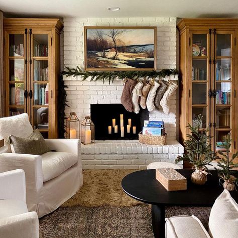 Cabinet On Either Side Of Fireplace, Fireplace Centered Living Room, Fireplace Between Doors, Cabinets On Either Side Of Fireplace, Closed Fireplace Ideas, Door Next To Fireplace, Fireplace Cabinets On Each Side, Either Side Of Fireplace, Side Of Fireplace