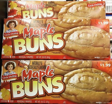 Little Debbie Maple Buns Maple Buns, Lil Debbie Snacks, Little Debbie Snack Cakes, Childhood Food, Lil Debbie, Debbie Snacks, Autumn Core, Snack Cakes, Birthday Haul