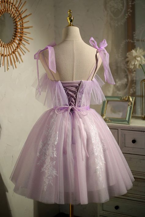 Lavender Homecoming Dress, Purple Prom Dress Short, Prom Dresses Lavender, Prom Dress Short Lace, Purple Homecoming Dress, Dress With Ribbon, Mini Prom Dresses, Tulle Homecoming Dress, Graduation Dresses