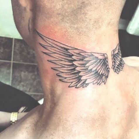 2001 Tattoo Ideas, Angel Wings Tattoo Neck, Eagle Neck Tattoo, 2001 Tattoo, Owl Neck Tattoo, Back Of Neck Tattoo Men, Wing Neck Tattoo, Tattoos Neck, Alas Tattoo