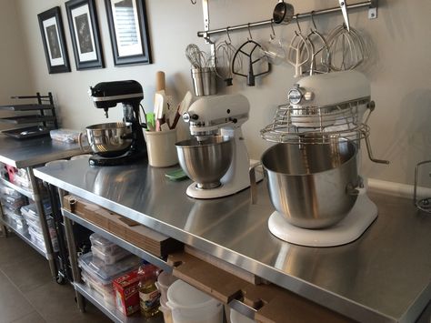 Can never have too many mixers! Comercial Baking Kitchen, Industrial Bakery Kitchen, Baker Kitchen Design, Bakery Kitchen Design Commercial, Farmhouse Bakery Shop, Home Bakery Design Interiors, Professional Bakery Kitchen, Home Baker Kitchen, Home Bakery Business Kitchens