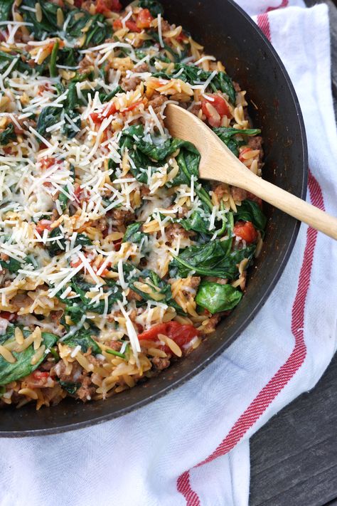 One Skillet Mediterranean Orzo — Broke and Cooking Ground Beef With Orzo, Orzo Ground Beef Recipes, Ground Turkey And Orzo Recipe, Ground Turkey Orzo Recipes, Ground Beef And Orzo, Recipes With Diced Tomatoes, Healthy Skillet Meals, Mediterranean Orzo, Mediterranean Cooking