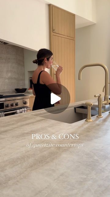 Karla Diaz on Instagram: "Quartzite countertops have become so popular for their durability and aesthetic appeal. This is my first time selecting them for a personal project and here are the biggest pros and cons:  PROS  ✨Durability: Quartzite is a hard, natural stone that is highly resistant to scratches and wear, making it a perfect choice for countertops in areas like the kitchen ✨Heat Resistance: It can withstand high temperatures, so placing hot pots and pans directly on the surface won’t cause damage. ✨Stain Resistance: A big one for me since we cook a lot. When properly sealed, quartzite is resistant to stains from things like wine, coffee, and oils. ✨Low Maintenance: With proper sealing, quartzite is relatively easy to maintain, requiring only regular cleaning with mild soap and wa Quartzite With Brown Veining, Patagonia Quartzite Countertops, Taj Mahal Quartzite Countertops With Black Cabinets, Taj Mahal Quartzite Countertops With Travertine Floors, Light Brown Quartz Countertops, Kitchen Countertop Stone, Patagonia Quartzite Kitchen, Natural Quartzite Countertop, Tahiti Quartzite Countertops