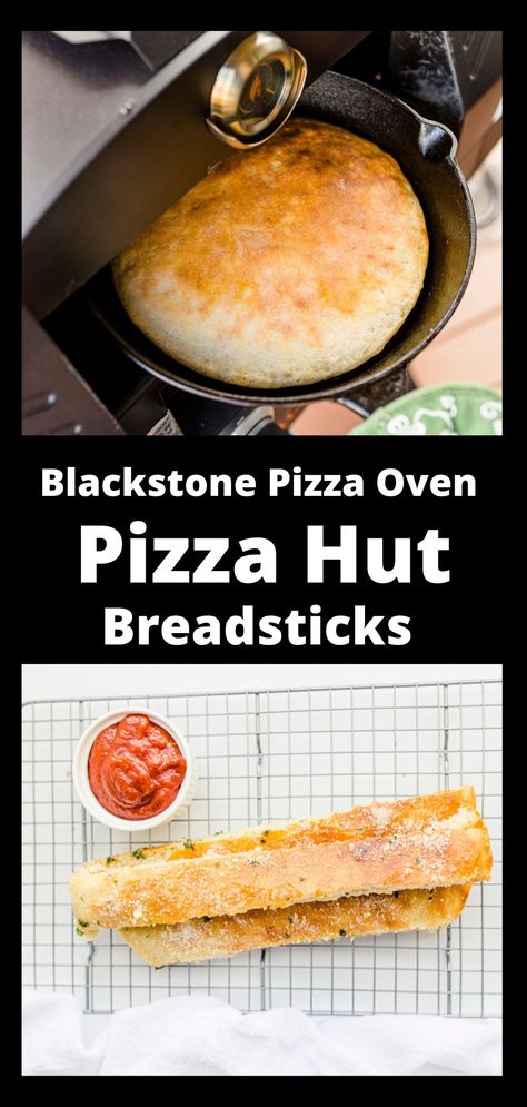 Top Photo:  Baking a cast iron pan of pizza dough in a Blackstone Pizza Oven.  Bottom Photo:  A wire rack with 3 strips of copycat Pizza Hut Breadsticks along with a container of pizza sauce. Pizza Oven Breadsticks, Blackstone Pizza Oven Recipes, Pizza Oven Temperature, Pizza Oven Recipes Wood Fired, Pizza Hut Breadsticks, Blackstone Pizza, Pizza Oven Pizza, Fire Oven, Pizza Oven Recipes