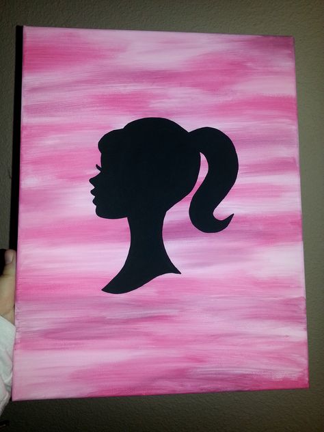 11x14 Pink Barbie Silhouette Painting $20  www.facebook.com/bellablisscreations Barbie Paintings On Canvas, Black And Pink Canvas Painting, Barbie Watercolor Painting, Pink Black And White Canvas Painting, Barbie Painting Easy, Barbie Inspired Painting, Barbie Aesthetic Painting, Barbie Canvas Painting Ideas, Barbie Painting Ideas On Canvas