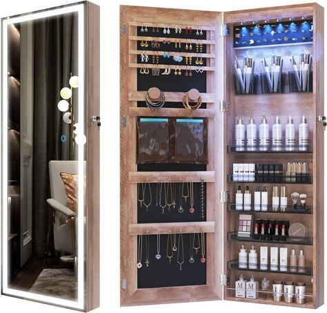 It is not only a jewelry cabinet organizer, but also a full length mirror, which offers you a head-to-toe view of your outfit! The mirror's full screen design is very stylish and elegant, supports you to wear jewelry or check your makeup look before you go out. The mirror is controlled by a circular touch button on the screen, touch the switch to turn on the light, long press to adjust brightness. The LED strip will meet all your needs and become the brightest light source in your bedroom. Full Length Mirror With Storage, Full Length Mirror With Lights, Mirror Jewelry Storage, Mirror Jewellery Cabinet, Lockable Storage, Cabinet Wall, Hanging Cabinet, Jewelry Organizer Storage, Body Mirror