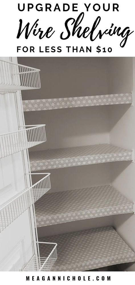 Pantry Wire Shelf Organization, Kitchen Pantry Wire Shelving Ideas, Small Pantry Organization Wire Shelves, Wire Rack Closet Makeover, Small Closet Wire Shelving Ideas, How To Cover Wire Shelving, Wire Shelf Rack Cover Diy, Pantry Wire Shelf Makeover, Wire Shelving Pantry Organization