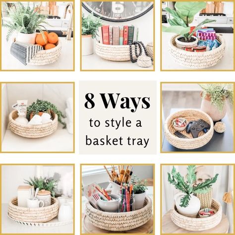 8 Ways to Decorate a Basket Tray - 804 Sycamore Wicker Tray Decor Kitchen, How To Decorate Trays Ideas, Basket Tray Decor Ideas, Round Wicker Tray Decor, Round Basket Tray Decor, Flat Basket Decor Ideas, Round Basket Decor, Small Tray Decor Ideas, Basket Centerpieces Table