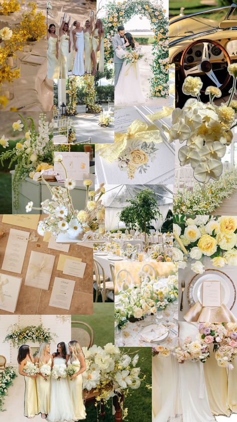 Butter yellow is the new beige for 2024 brides! Yellow Wedding Colors Schemes, Pale Yellow Weddings, Light Yellow Weddings, Yellow Wedding Colors, Yellow Wedding Theme, Backyard Wedding Ceremony, Wedding Collage, Yellow Wedding Flowers, Pink Wedding Theme