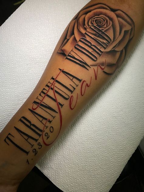 Memorial tattoo Name Tattoos Sleeve, Name Tattoos For Men, Forearm Name Tattoos, Meaningful Tattoos For Men, Memorial Tattoo Ideas, Cute Thigh Tattoos, 16 Tattoo, Small Chest Tattoos, Small Shoulder Tattoos