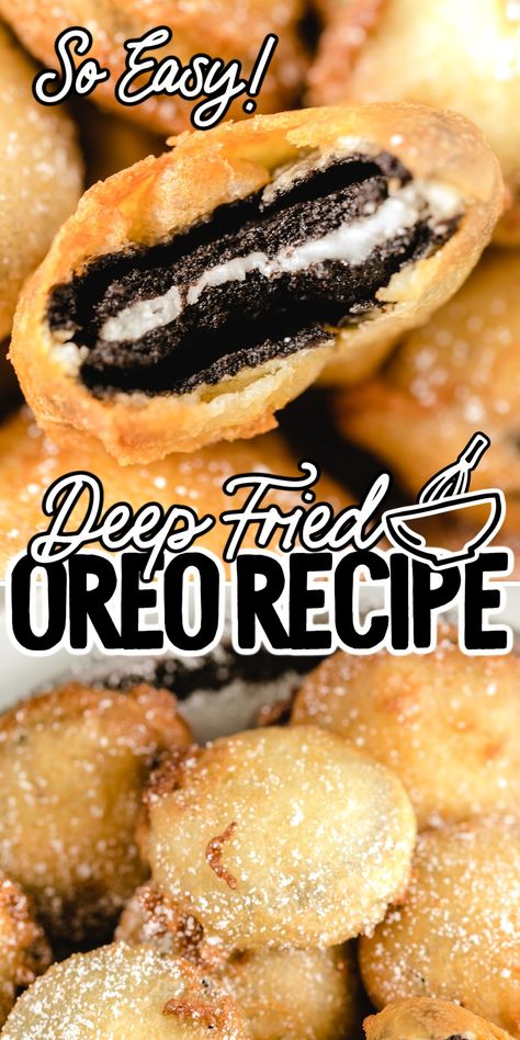 This deep-fried Oreos recipe delivers a delicious, gooey bite that is a perfect copycat of the iconic fair food. Easy to make with a handful of simple ingredients, these fluffy bite-sized treats are sure to be a blue ribbon winner at home. Foods To Fry Deep Frying, Deep Fried Recipes Easy, Fried Oreo Recipe, Deep Fried Oreos Recipe, Deep Fried Fair Food, Fried Oreos Recipe, Deep Fried Oreo, Fried Oreo, Oreo Dessert Easy