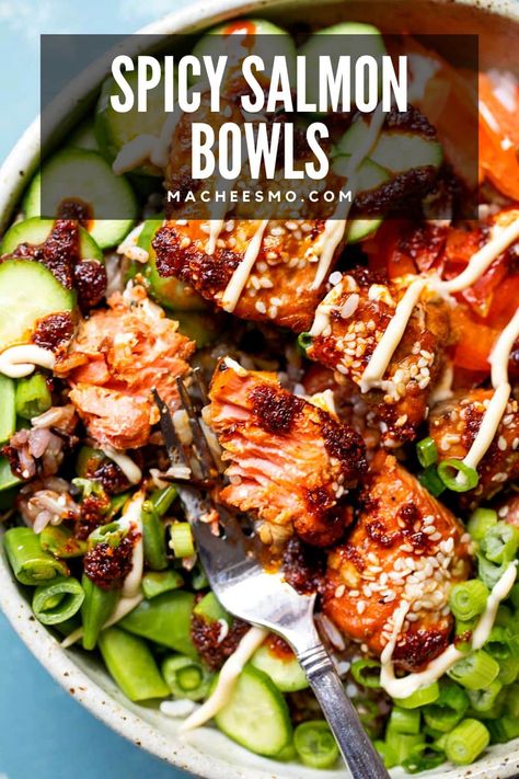 Salmon White Rice, Spicy Sauces, Homemade Marinade, Sushi Bowl Recipe, Baked Salmon Lemon, Salmon Bowls, Crispy Salmon, Crunchy Veggies, Salmon Rice Bowl