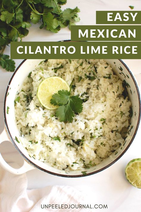 pot of easy cilantro lime rice inspired by chipotle recipe Cilantro Mexican Rice, White Lime Rice, Like Rice Recipe, White Cilantro Lime Rice, Like Cilantro Rice, Rice And Cilantro Recipes, Cilantro Rice Recipe Easy, White Rice With Cilantro And Lime, Dinner Recipes With White Rice