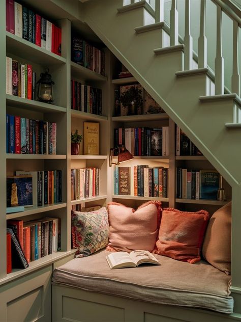 23 Under Stairs Storage Ideas – The DIY Desire Library Under Stairs Ideas, Cozy Under Stairs Nook, Bookshelves Under Stairs, Under Staircase Ideas, Understairs Ideas, Bookcase Stairs, Stair Bookshelf, Under Stairs Storage Ideas, Stairs Storage Ideas