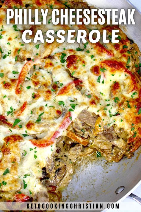 Keto Low Carb Philly Cheese Steak Casserole, Philly Cheese Steak Buns, Philly Cheese Beef Skillet, Dinner Recipes Using Steak, Cheesesteak Casserole Recipes, Keto Cheesesteak Casserole, Steak And Cheese Skillet, Baked Casserole Recipes Healthy, Philly Cheesesteak Casserole With Steak