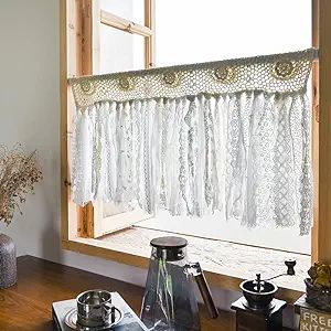 Amazon.com: YJ YANJUN Boho Valances for Windows Handmade Cotton Crochet Lace Valance for Living Room Hollow Cafe Curtains 16 Inch Long Macrame Kitchen Curtain Wall Decor, 16" L x 40" W Ivory & Beige : Home & Kitchen Kitchen Window Ideas Curtains, Kitchen Window Decor Over Sink, Macrame Kitchen, Curtain Wall Decor, Boho Valances, Valances For Windows, Kitchen Window Decor, Valances For Living Room, Sheet Curtains