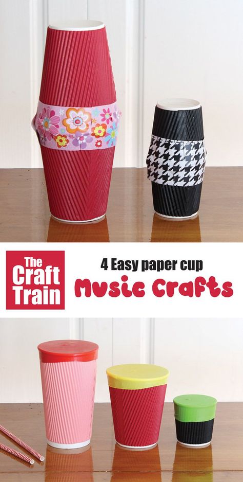 Paper cup music crafts for kids. Make a paper cup shaker, guitar, drum and chicken noise maker – full tutorial over on the blog! This is a great STEM project for kids which you could also turn into a STEM challenge by giving kids the materials and seeing what they can create on their own #STEMcraft #STEAM #papercup #papercupcrafts #musiccrafts #Kidscrafts #kidsactivities #diytoys #playmatters #craftsforkids #funkidscrafts Music Crafts For Kids, Homemade Drum, Drum Craft, Instrument Craft, Paper Cup Crafts, Drums For Kids, Stem Projects For Kids, Train Projects, Vbs 2023