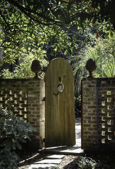 13 Brick Fence and Column Designs - A Quick Planning GuideFacebookGoogle PinterestTumblrTwitterYouTube Garden Gate Ideas, Savannah Style, Gate Ideas, Brick Fence, Be More Creative, Wood Gate, Garden Gate, You're Welcome, Finials