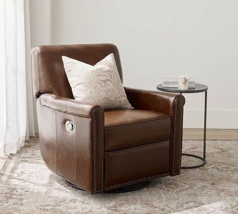 Armchairs | Living Room, Accent & Reading Chairs | Pottery Barn Leather Swivel Recliner, Swivel Recliner Chairs, Small Entryways, Green Acres, Swivel Recliner, Reading Chair, Leather Recliner, Arm Chairs Living Room, Upholstered Arm Chair