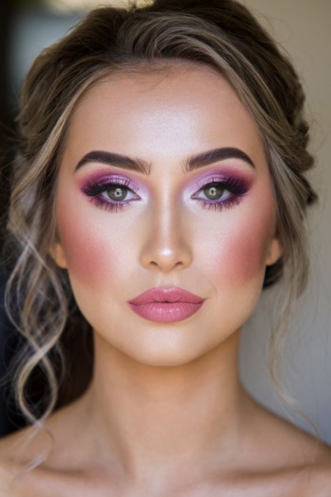 Get inspired by this romantic glam makeup look, perfect for special events or a glamorous night out! Featuring soft pink lips, glowing skin, and a stunning berry-toned eyeshadow with shimmery accents, this look is both bold and feminine. Whether you're a makeup lover or looking for new beauty ideas, this trendy look will elevate your style. Ready to recreate this flawless look? Pin now for all your makeup inspiration! Eye Makeup For Hot Pink Dress, Romantic Glam Makeup, Berry Eyeshadow, Soft Pink Lips, Christmas Party Makeup, Light Summer Color Palette, Seasonal Makeup, Party Makeup Looks, Makeup Soft