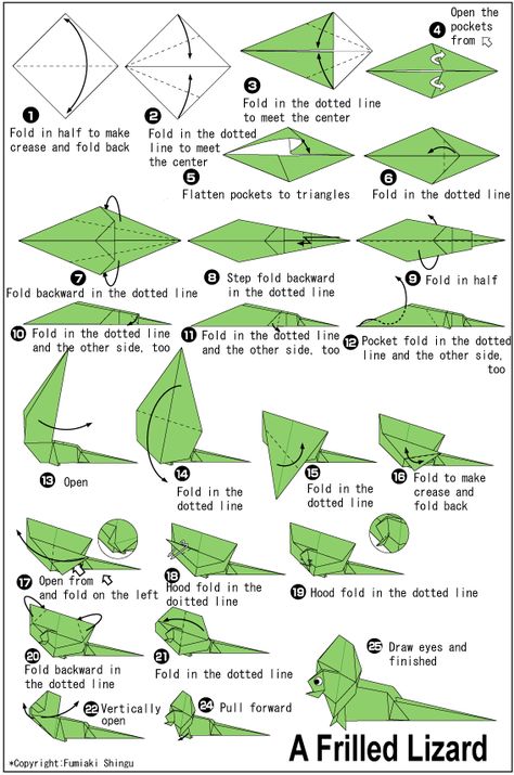 Origami Frilled Lizard Origami Lizard, Origami Instructions For Kids, Origami Guide, Star Wars Origami, Origami Car, Origami Tutorials, Origami Paper Folding, Origami Diagrams, Origami Artist