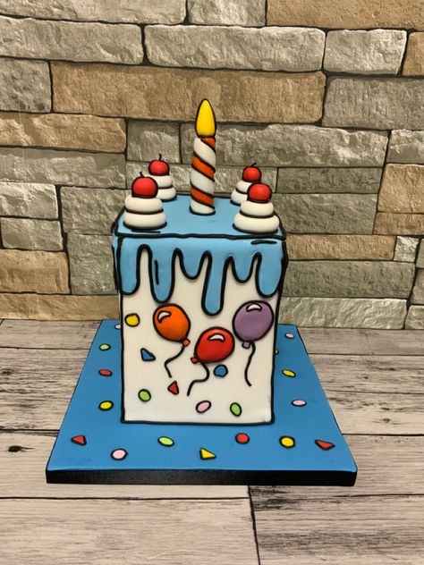 Square Cartoon Cake, Cartoon Sheet Cake, Birthday Cake For Multiple People, Comic Cake Birthday, 2d Cake, Fondant Unicorn Cake Toppers, Comic Cake, Apple Cake Pops, Cake Design For Men