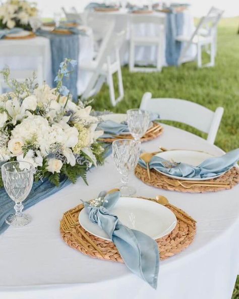 Cream And Blue Table Setting, Pale Blue Table Setting, Light Blue Desert Table, Blue Napkin Table Setting, Pastel Blue Table Setting, Dusty Blue Wedding Place Setting, Blue Floral Table Setting, Cheesecloth Round Table, Dusty Blue And Yellow Wedding Theme Table Settings