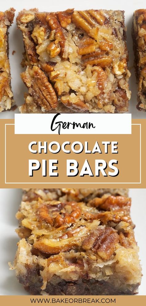 These German Chocolate Pie Bars take all of the flavors you love (chocolate, pecans, coconut, and brown sugar!) and combine them into one delicious dessert bar. These mini pies are gooey, rich, and irresistibly delicious! If you're a fan of German chocolate cake, you're going to love these bars. Click through for all the details. Pecan Pie Bars With Chocolate, German Chocolate Pecan Bars, German Chocolate Cake Bars, German Chocolate Pecan Pie Bites, German Chocolate Pecan Pie Bars, German Chocolate Sheet Cake, German Chocolate Pecan Pie, German Chocolate Pie, German Chocolate Pies