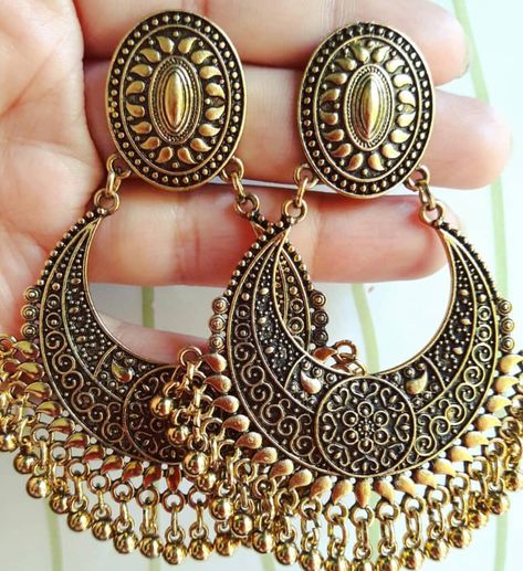 Golden Oxidised Jewellery, Oxidised Jhumka, Heavy Jewelry, Oxidised Jewelry, Golden Jewellery, Oxidized Jewellery, Antique Gold Earrings, Golden Colour, Fancy Jewellery Designs