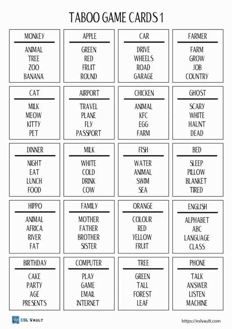 Christmas Taboo Printable Free, Esl Games For The Classroom, Taboo Cards Printable, English Games Teaching, Activity For English, Printable Card Games, English Conversation Worksheets, Esl Speaking Activities, English Vocabulary Games