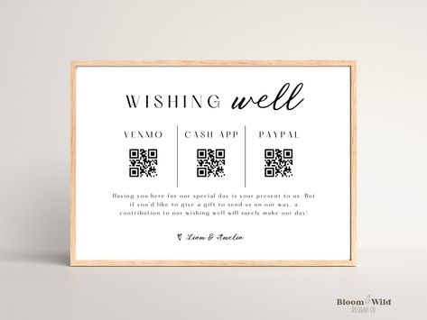 This modern minimalist Wishing Well QR Code Sign is a perfect way to give your guests an option to contribute to your new home or honeymoon.    After you place your order, you will receive an email from Etsy with a link to access your fully editable templates, where you can customize all your own details through Canva!  *Please note you will NOT receive any physical items in the mail. This listing is for a digital download.* --------------------------- YOU WILL RECEIVE --------------------------- * * * Event Template * * * * 2 Sizes Included  - 5x7 in  - 8x10 in * Canva Editing Tips and Video Tutorial * PDF on how to create a QR code in Canva ------------------------- MATCHING ITEMS ------------------------- https://www.etsy.com/shop/BloomWildDesignsCo?ref=seller-platform-mcnav&search_quer Honey Moon Funds Ideas, Bridal Shower Honeymoon Fund, Honeymoon Fund Sign, Wishing Well Wedding, 25th Wedding Anniversary Party, Canva Editing, Canva Wedding, Rustic Modern Wedding, Honeymoon Fund