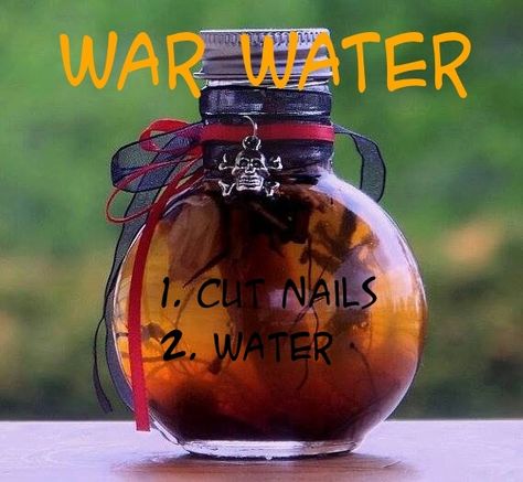 Simple recipe for War Water Use for protection, spiritual cleanser and to reverse curses and hexes to sender. Directions; In a mason jar place iron nails and add enough water to cover. Shut the jar. Leave it undisturbed until rust begins to form. To speed the process you can open the jar periodically. Add more water as needed. Keep the jar in a cool area or refrigerator. Strain the water and use as needed. (Some people add spanish moss to the process) (Encyclopedia of 5000 spells) Curses And Hexes, Hoodoo Magic, Iron Nails, Magickal Herbs, Wiccan Crafts, Jar Spells, Protection Spiritual, Pagan Crafts, Which Witch