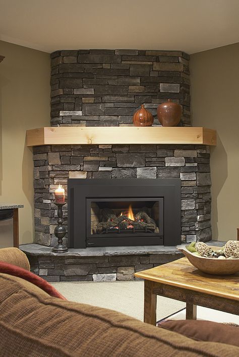 Regency E21 Gas Fireplace Insert Corner Fireplace Mantels, Gas Fireplace Inserts, Corner Stone Fireplace, Corner Fireplace Makeover, Corner Fireplace Ideas, Corner Fireplace Living Room, Corner Gas Fireplace, Basement Fireplace, Direct Vent Gas Fireplace